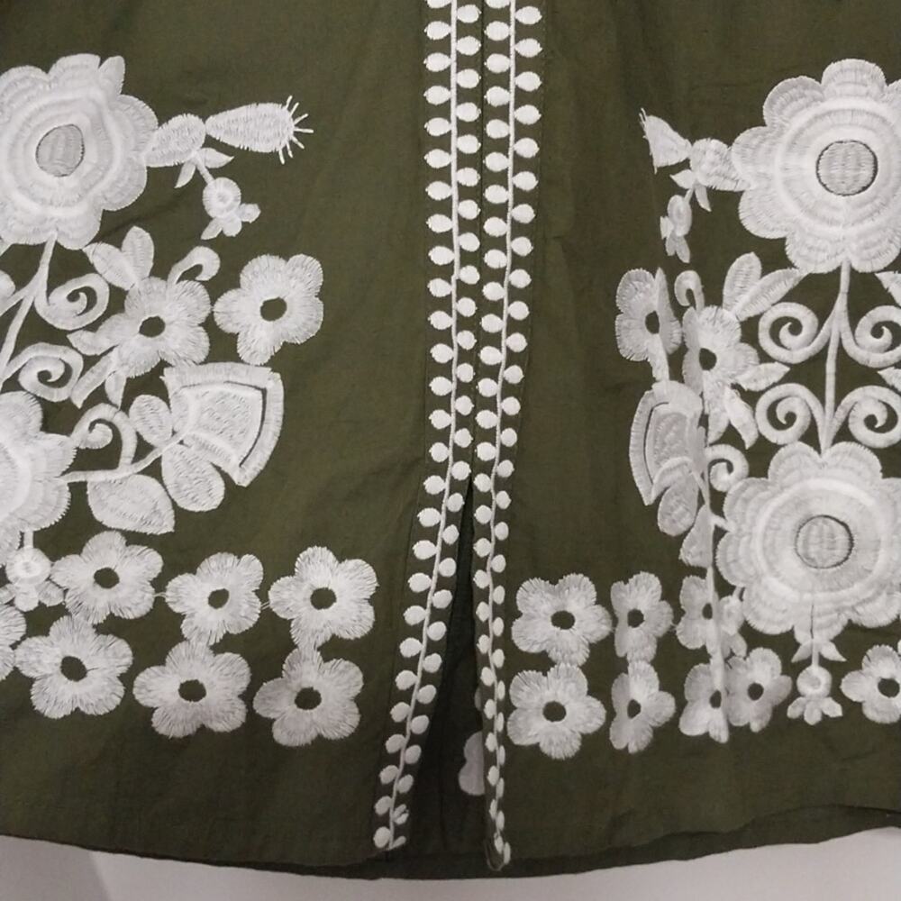 Olive Green Embroidered Mini Dress with White Floral Detail - Picture 3 of 11
